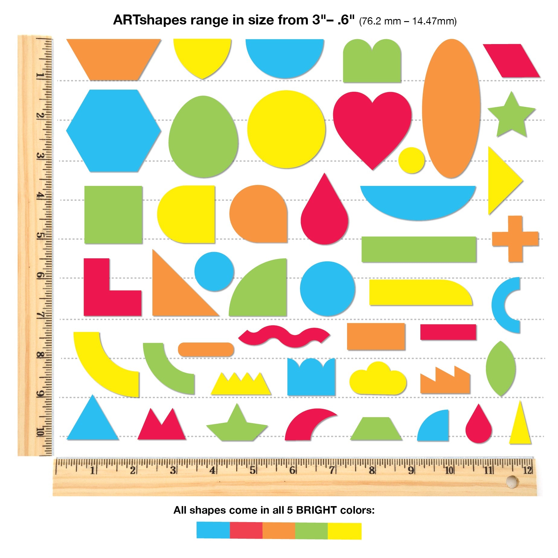 Paper art shapes in bright colors for crafting, decorating, and fun art designs.
