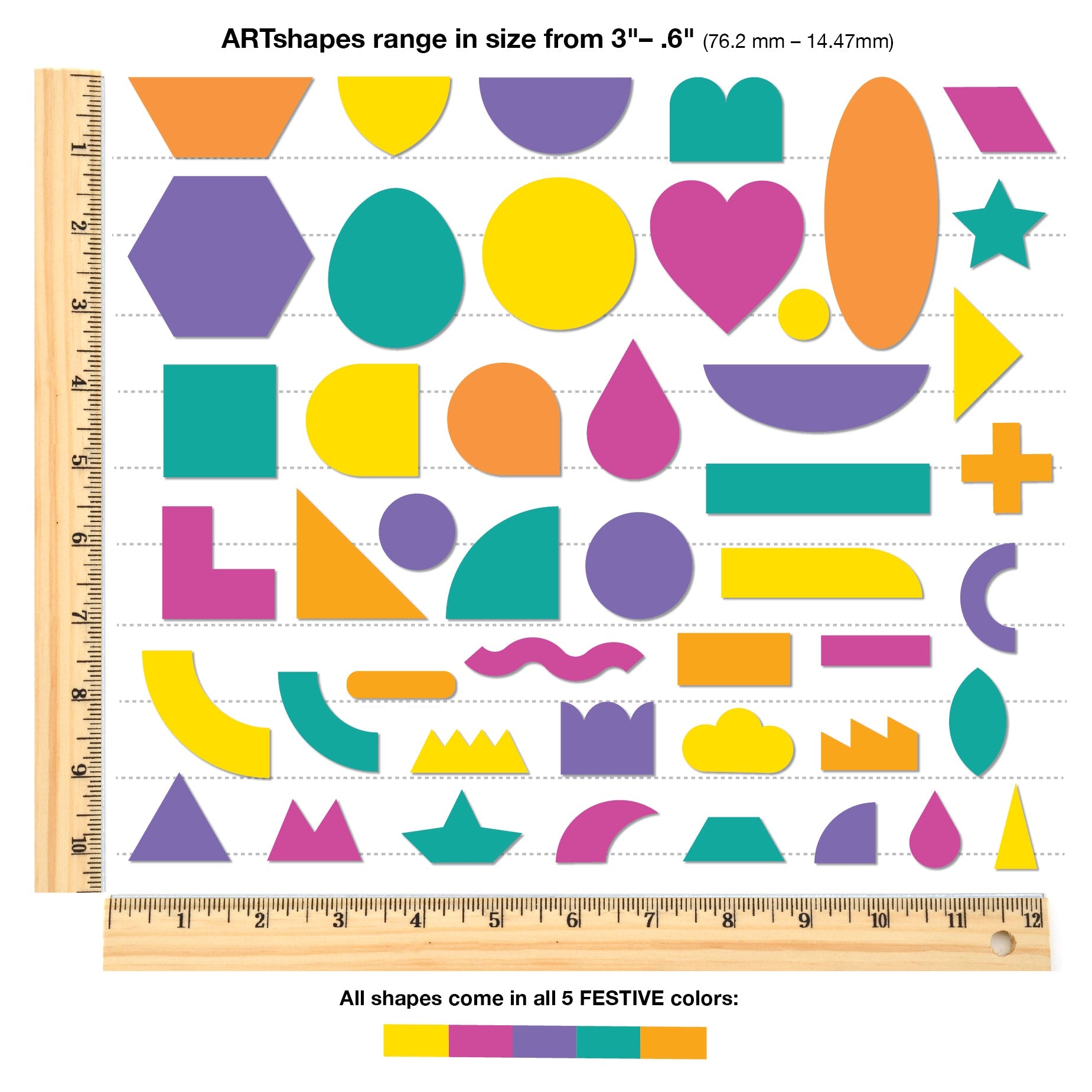 Paper art shapes in bright colors for crafting, decorating, and fun art designs.