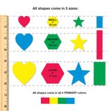 Colored shapes in bright primary colors for craft punch projects and DIY paper crafts.