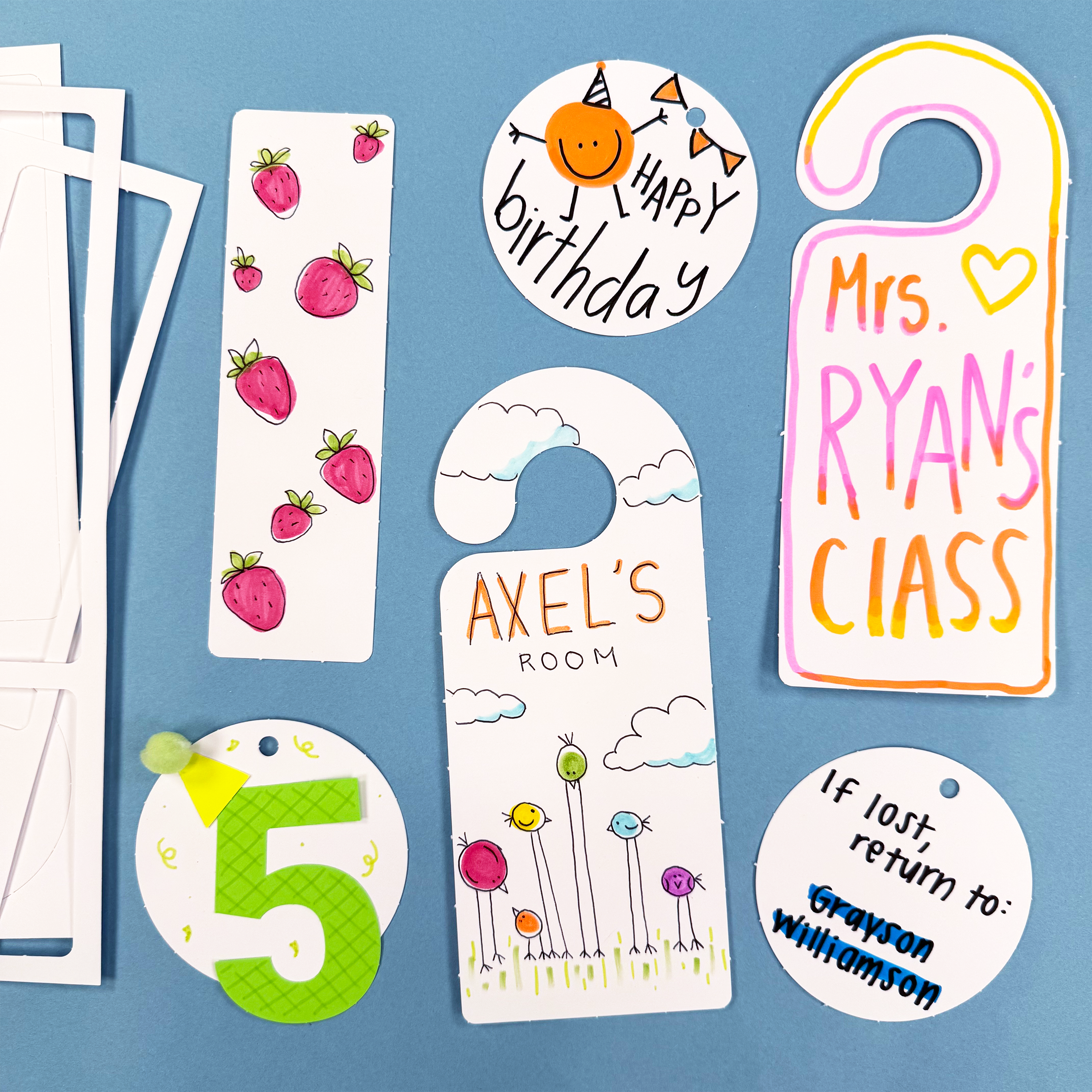 DIY and crafts set with blank gift tags, bookmarks, and door hangers—perfect for party crafts and crafting ideas.