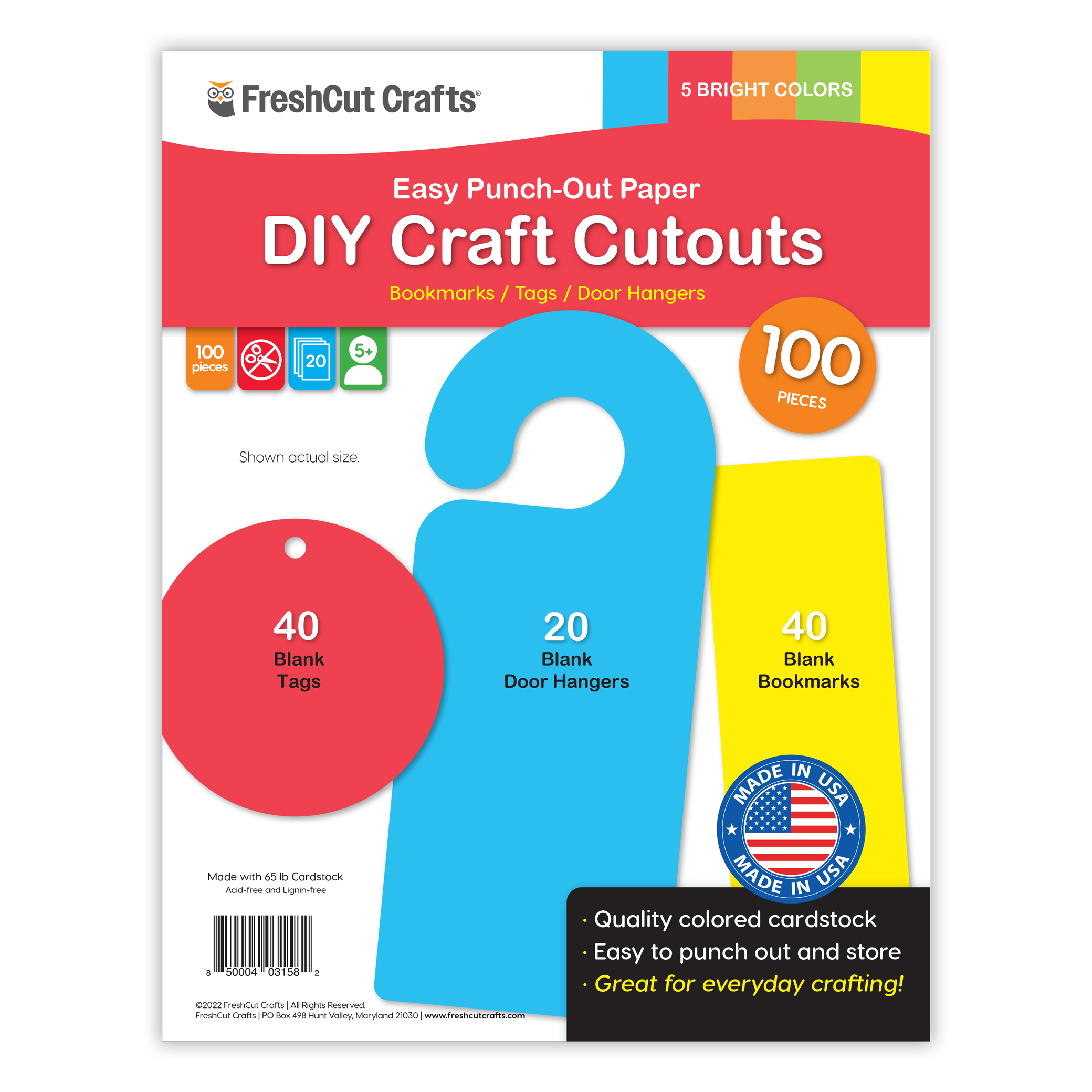 DIY craft kit with 100 paper cutouts—blank bookmarks, door hangers, and gift tags for creative paper crafts.