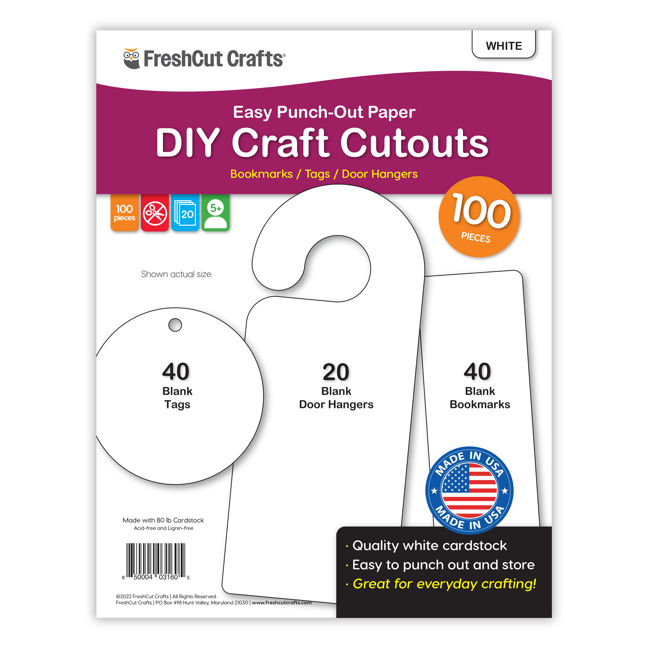 DIY craft kit with 100 paper cutouts—blank bookmarks, door hangers, and gift tags for creative paper crafts.