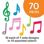 Music notes and letters in multicolor—vibrant paper cutouts of music symbols for use in projects, teaching notes, and learning about music symbols.