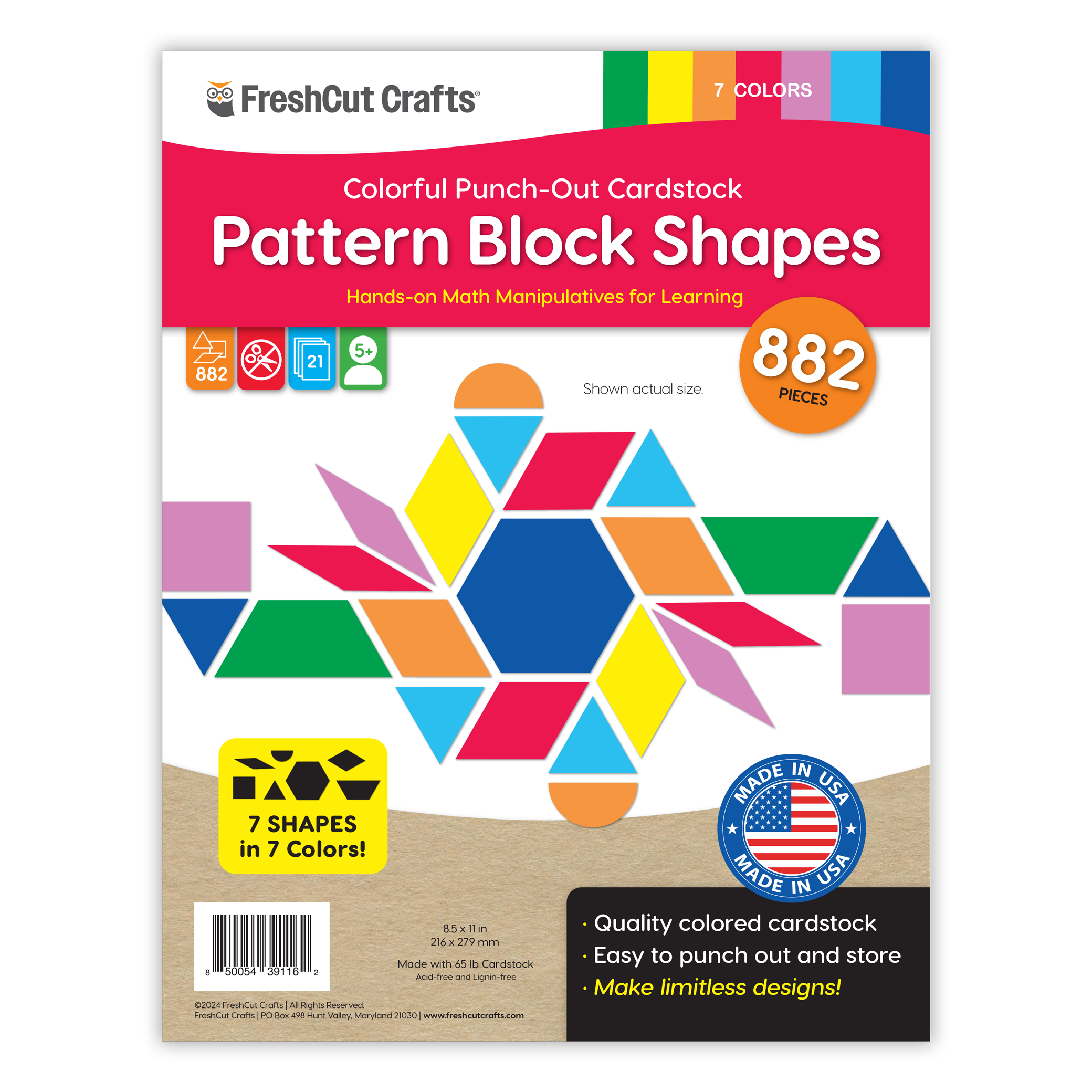 Pattern block shapes—882-piece set of paper cutouts in various shapes, ideal for DIY projects, learning shapes, and creating block patterns.