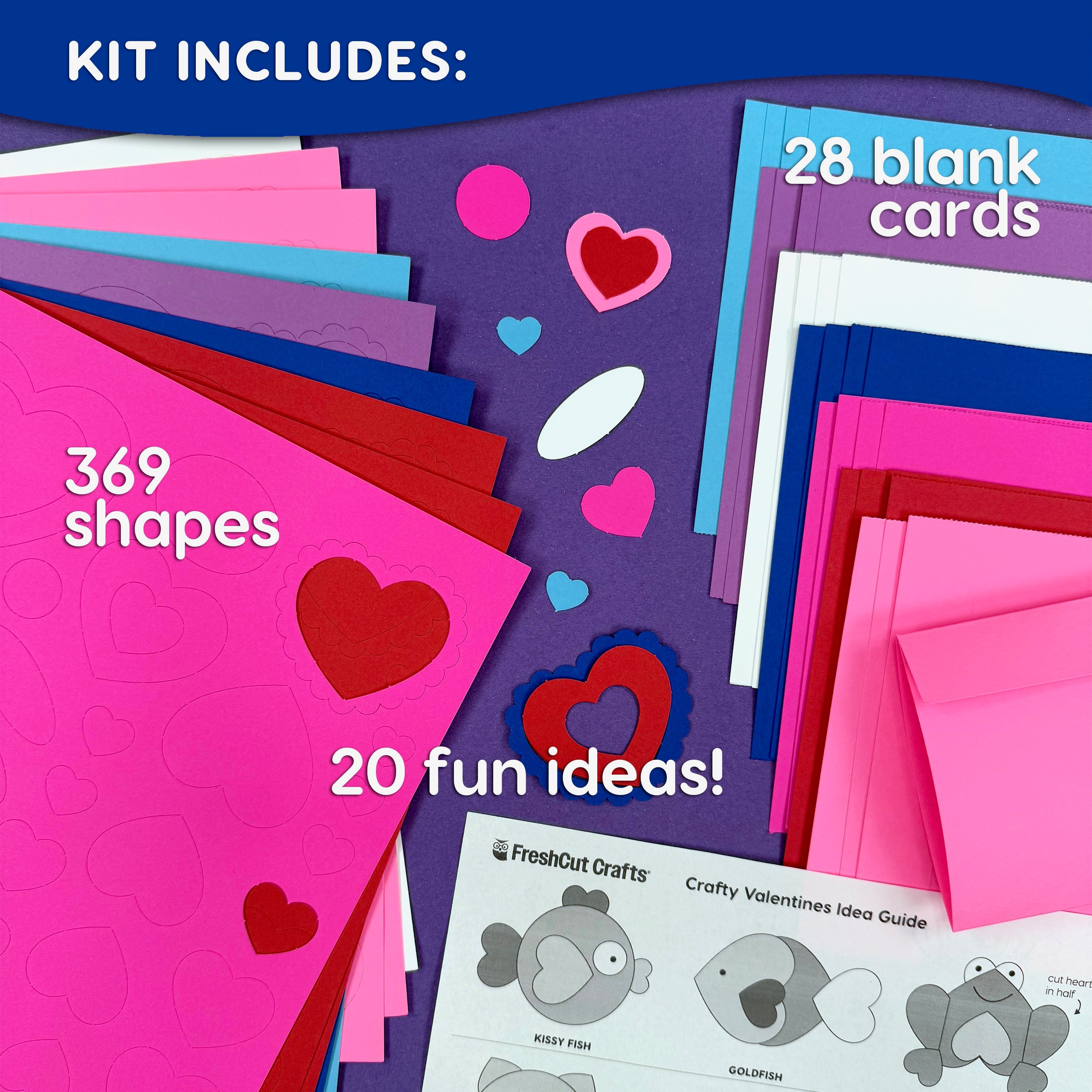 Holiday craft kits for making Valentine cards, decorations, and party crafts with punch-out shapes.