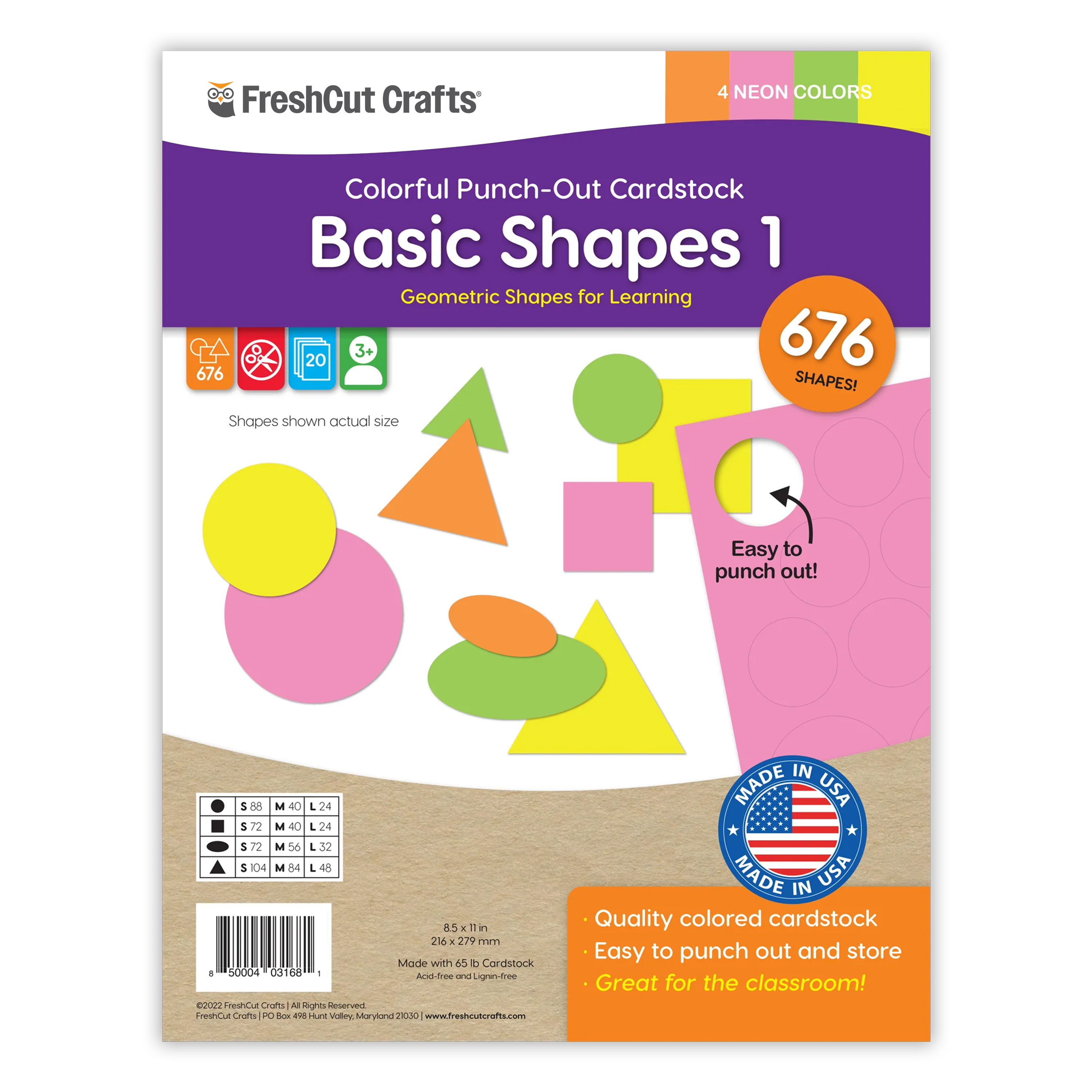 Basic shapes punch-out set with circles, squares, triangles, and ovals for paper crafts.