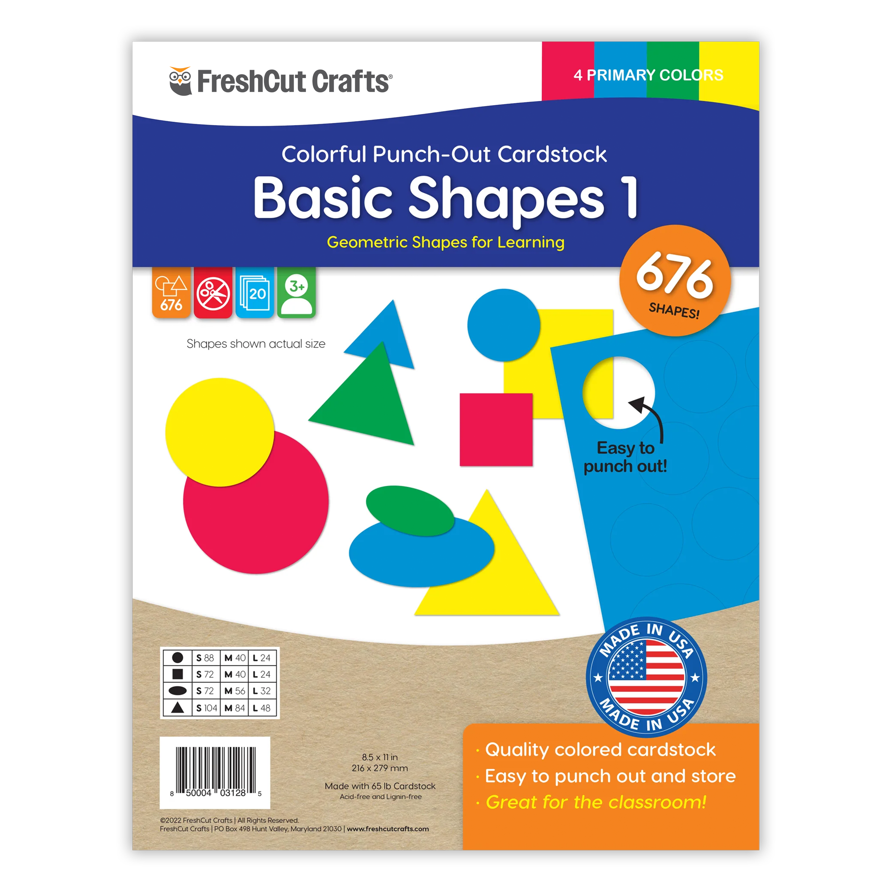 Basic shapes punch-out set with circles, squares, triangles, and ovals for paper crafts.