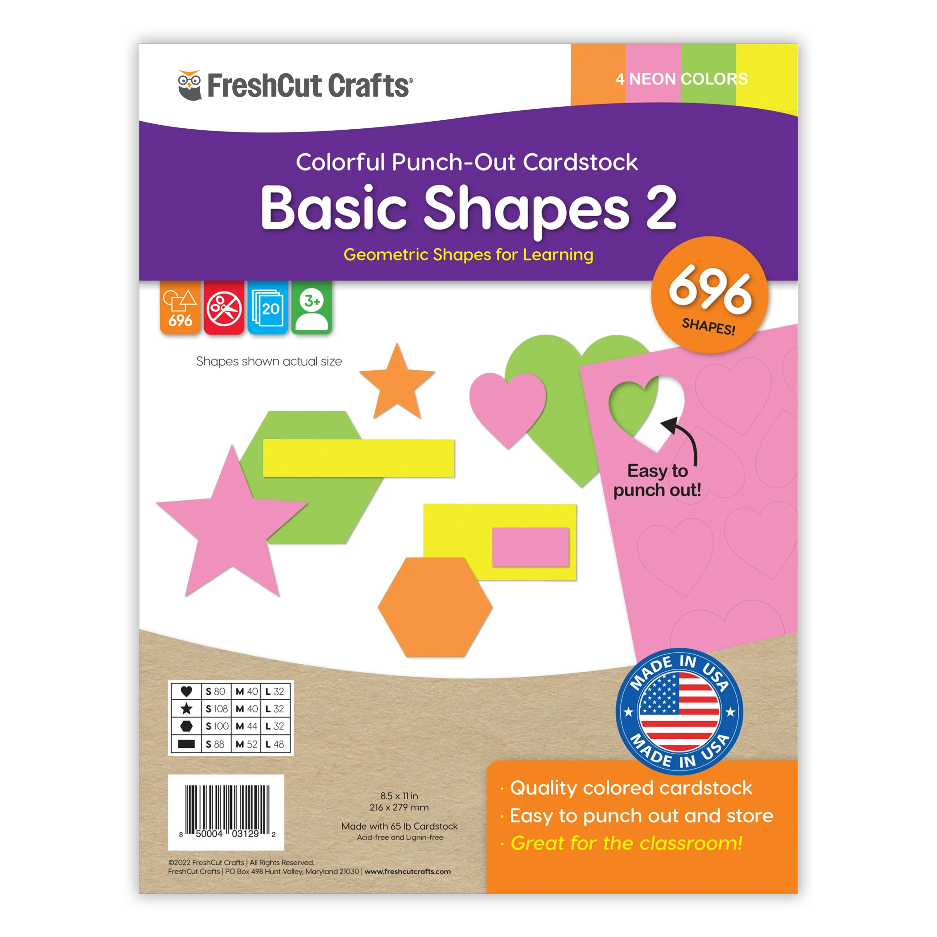 Basic shapes punch-out set with heart shapes, star shapes, hexagons, and rectangles for paper crafts.