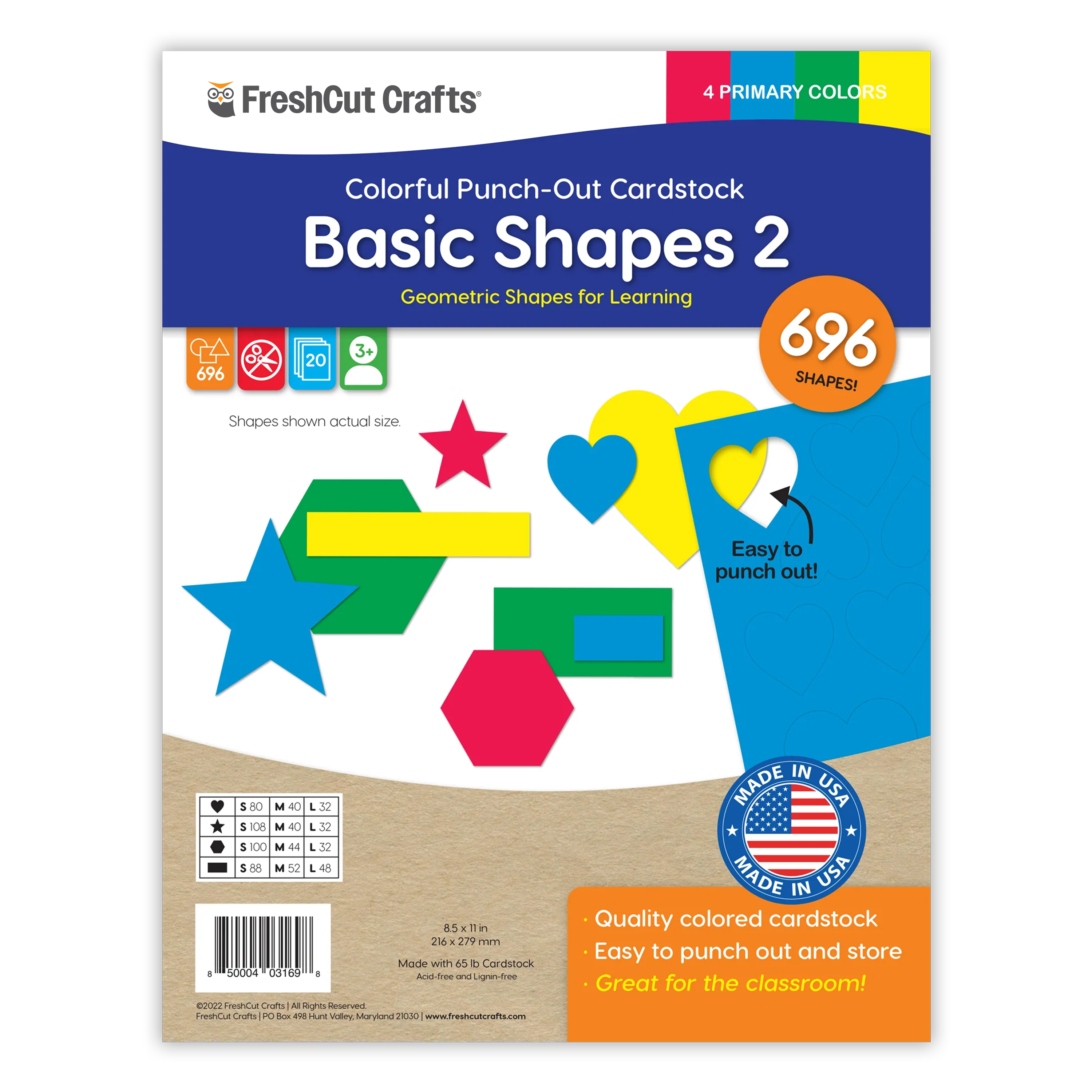 Basic shapes punch-out set with heart shapes, star shapes, hexagons, and rectangles for paper crafts.