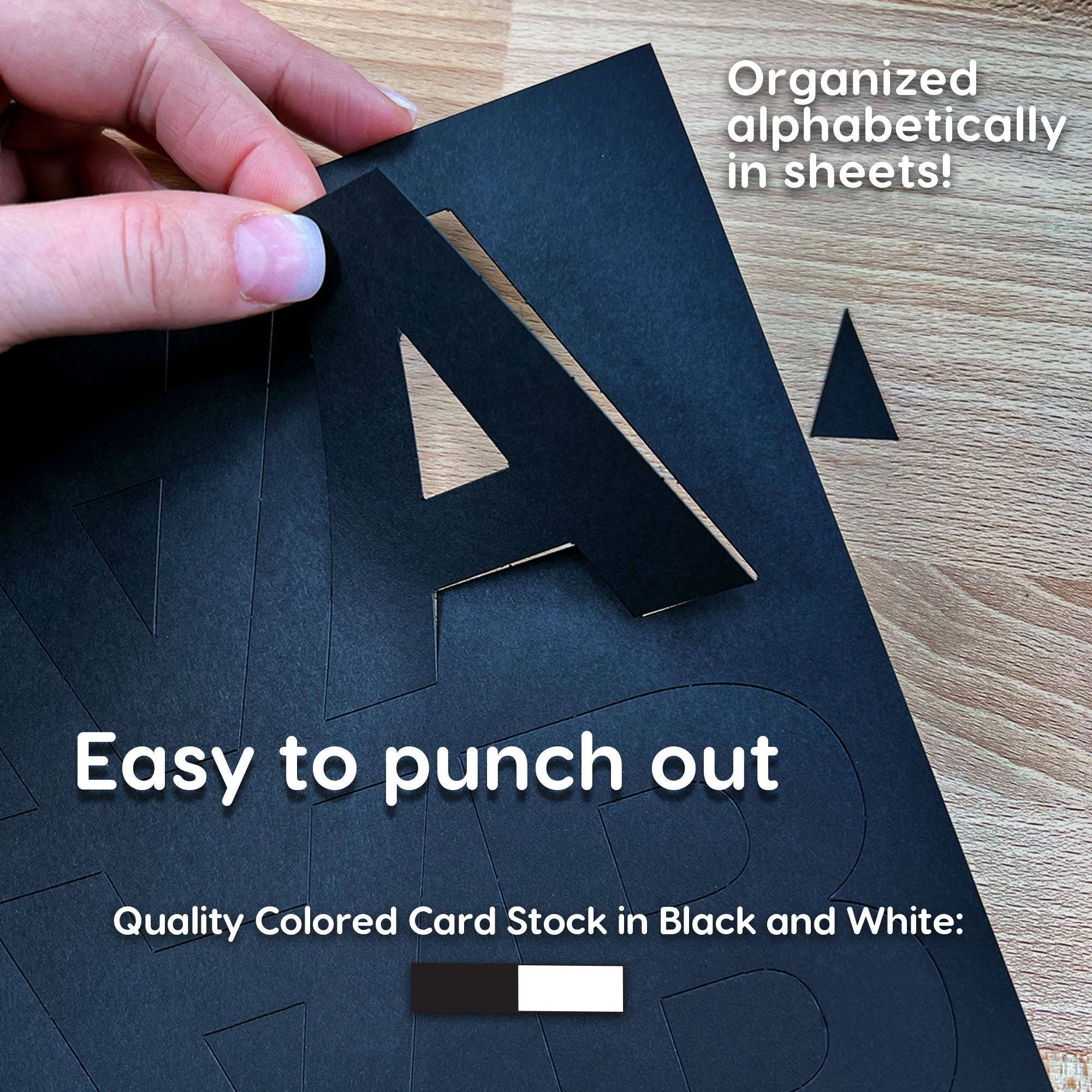 Punch-out letters and numbers for hands-on alphabet learning and spelling practice.