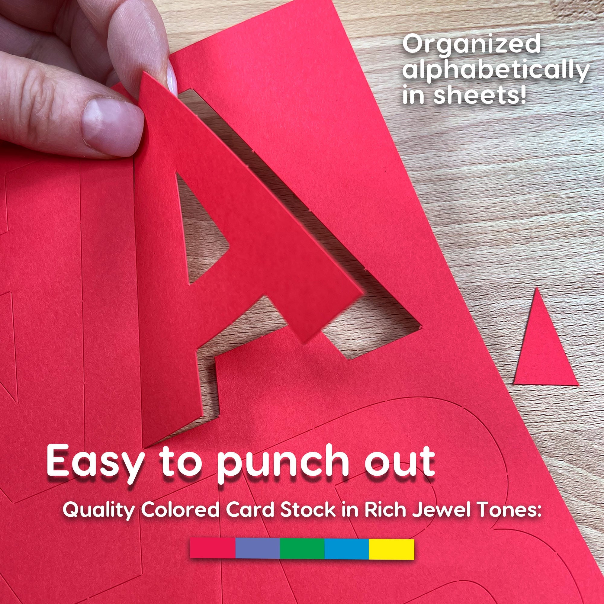 Punch-out letters and numbers for hands-on alphabet learning and spelling practice.