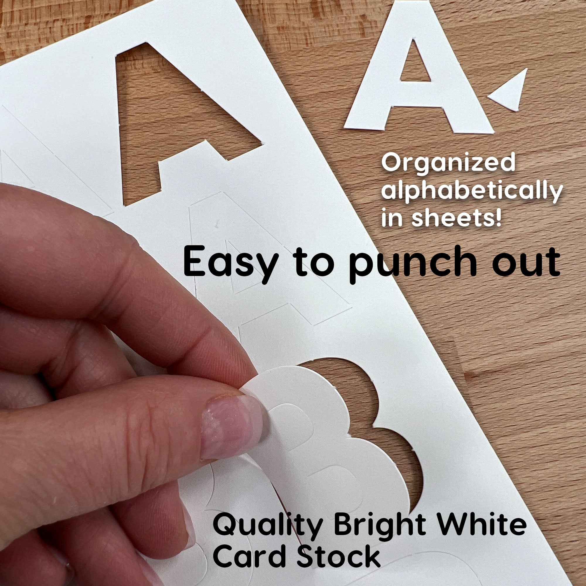Punch-out letters and numbers for hands-on alphabet learning and spelling practice.