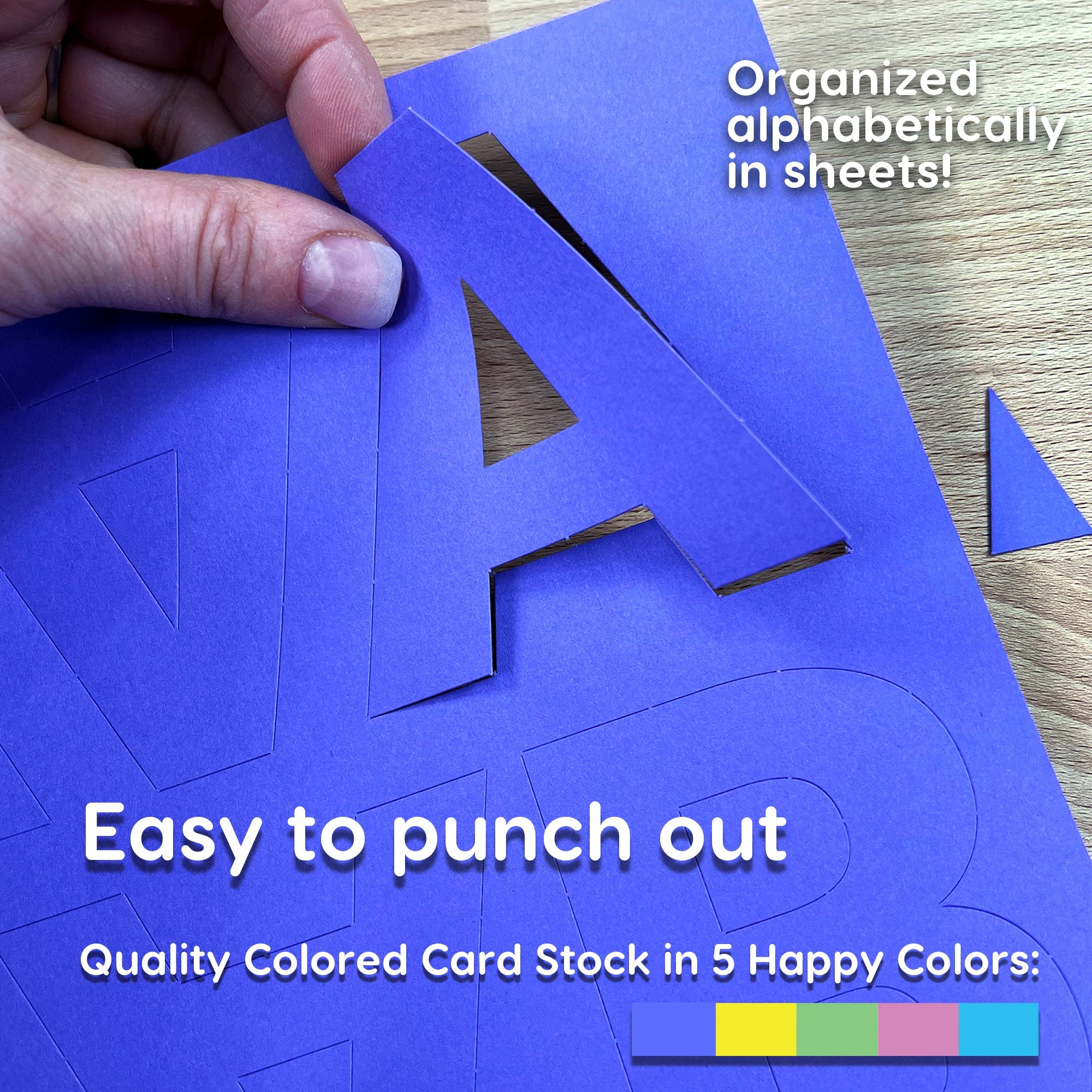 Punch-out letters and numbers for hands-on alphabet learning and spelling practice.