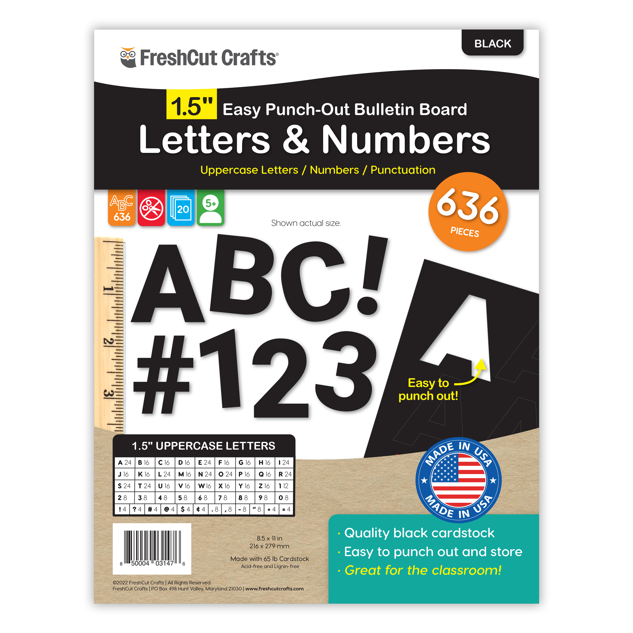 Versatile pre-cut alphabet and numbers set for letter-by-letter learning and creative projects.