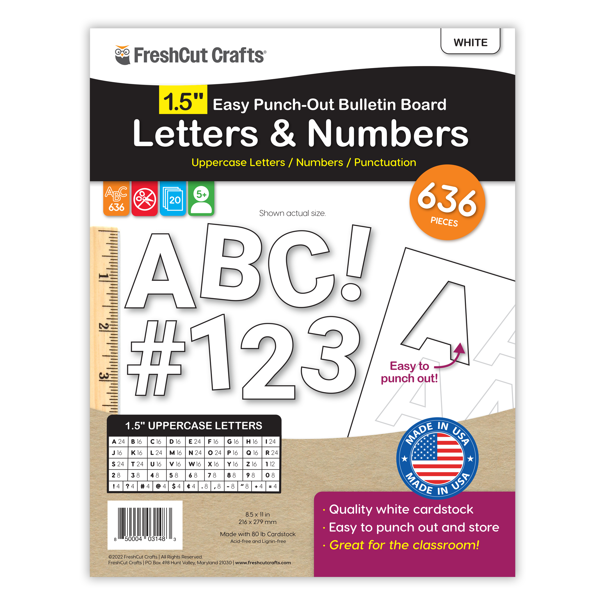 Versatile pre-cut alphabet and numbers set for letter-by-letter learning and creative projects.