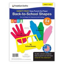 Back-to-school craft kit with pre-cut crayon shapes, handprints, and a school bus for classroom fun.