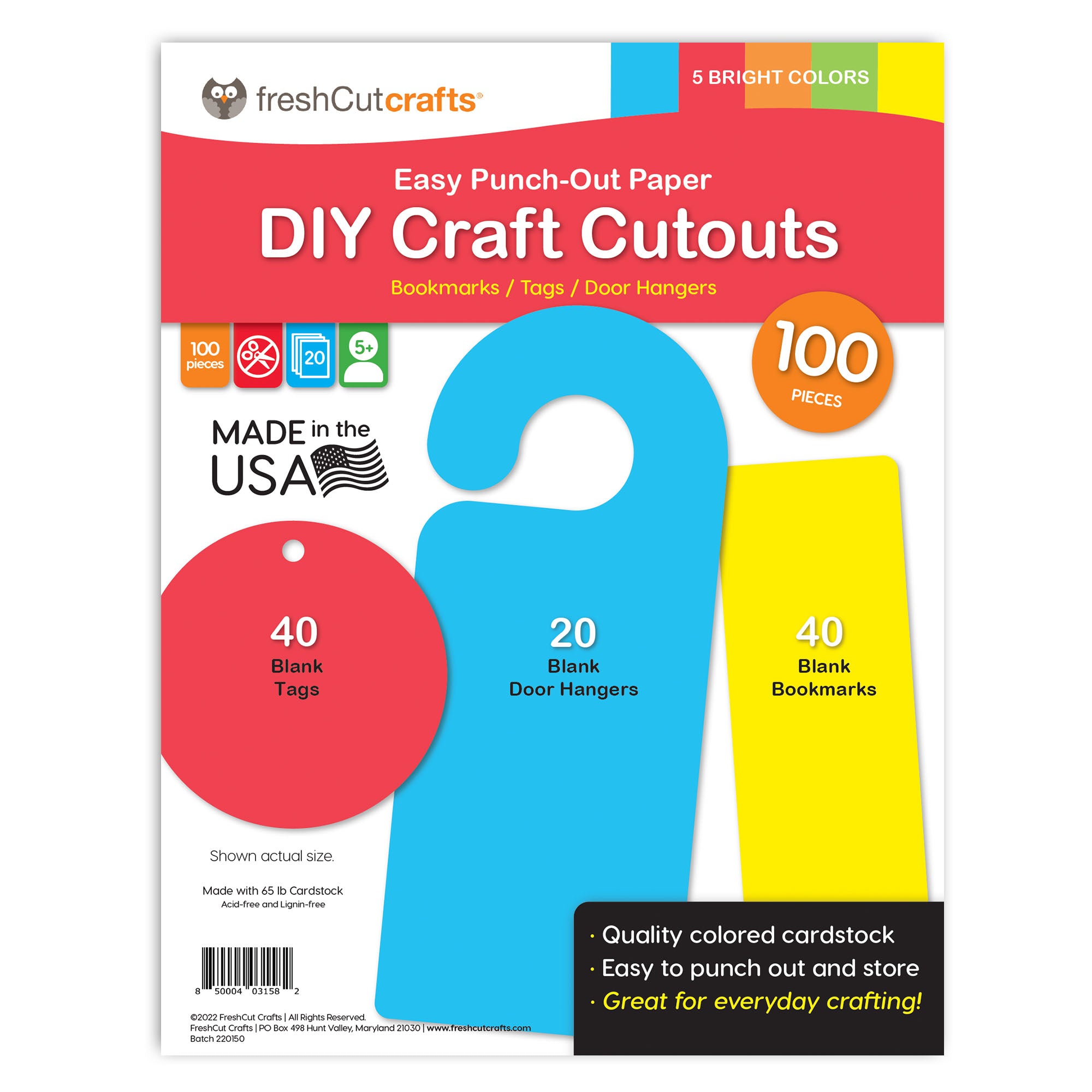 FreshCut Crafts | DIY Craft Cutouts 100 Pcs Blank Bookmarks, Door Hangers, Gift Tags, Bright Colors, US Made Card Stock Punch Out Paper Craft Cutouts